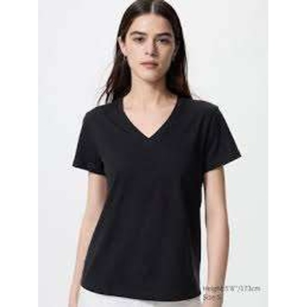 Uniqlo AIRism Relaxed V Neck T-Shirt Women M Black Short Sleeve Athleithsure